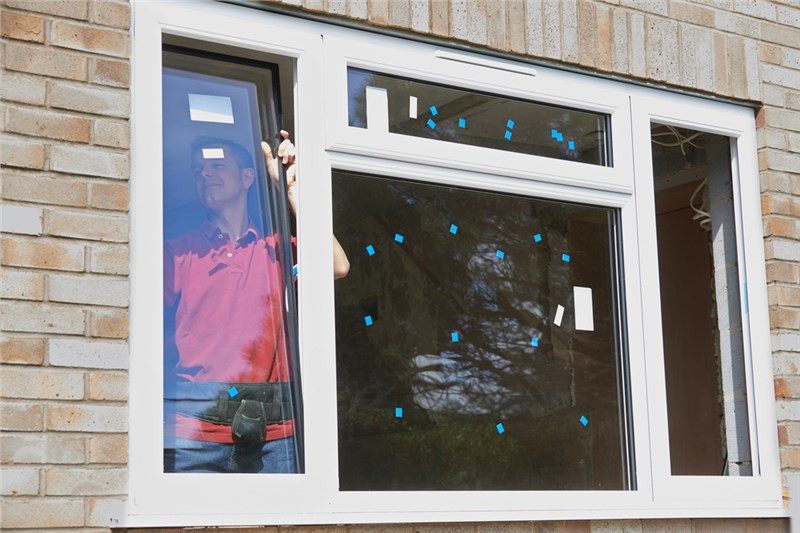 New windows installed on a home with light brick siding. There is a man on the inside of the home installing the last window.